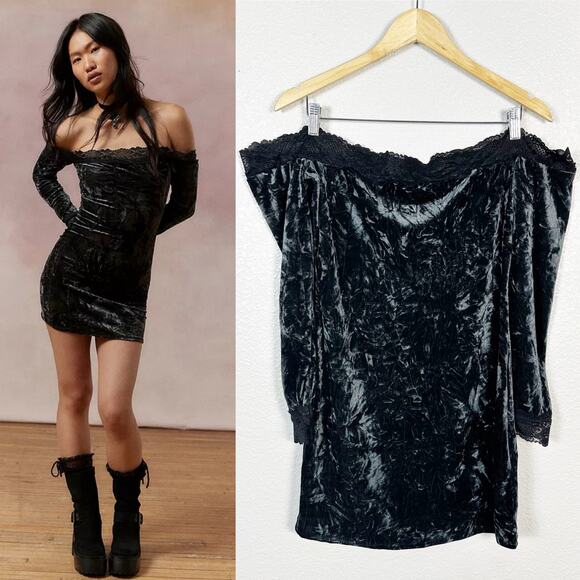 Kimchi Blue Ryder Crushed Velvet Y2K Dark Fairycore Feminine Goth Mini Dress L - Picture 1 of 14